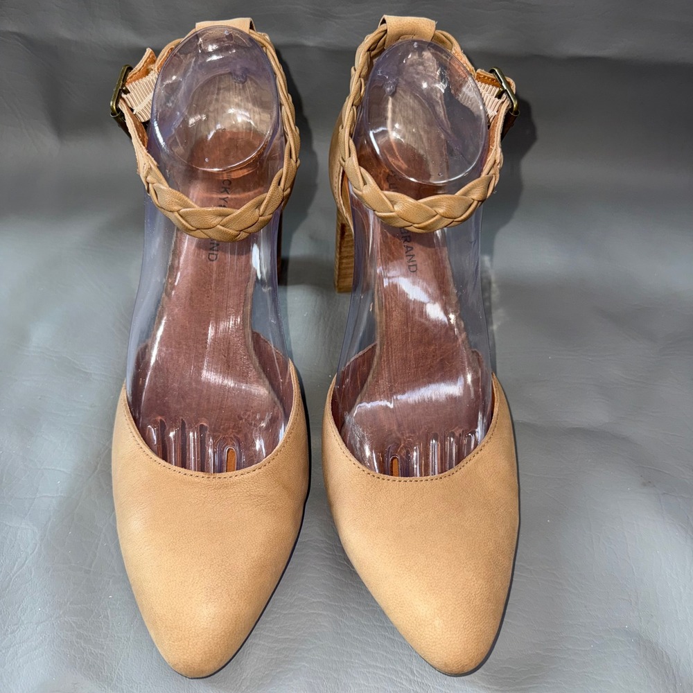 Lucky Brand Memyia Tan Leather Braided Ankle Strap Block Heel Pumps Shoes 9.5M